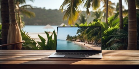 Laptop against the backdrop of the azure coast with palm trees and bright sun. 