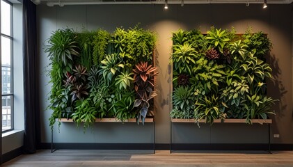 Green living wall with perennial plants in modern office.


Urban gardening landscaping interior design. Fresh green vertical plant wall inside office