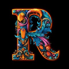 Colorful letter R with floral ornament on black background. Vector illustration