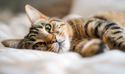 Restful Tabby Cat Enjoys a Cozy Afternoon Nap on Soft White Bedding, Capturing the Serenity of Home Life