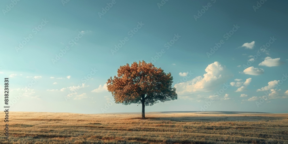 Poster a single tree standing alone in an open field with negative space
