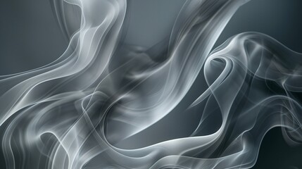 An abstract composition of swirling grey smoke captured in a high-speed photograph against a dark grey background. 32k, full ultra HD, high resolution