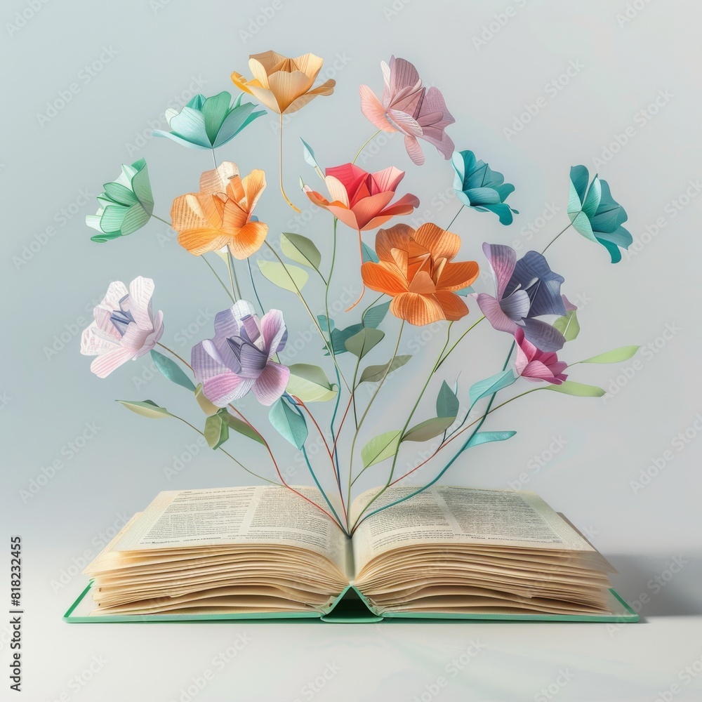 Wall mural a book lies open, with colorful pastel origami flowers sprouting from its pages, representing a crea