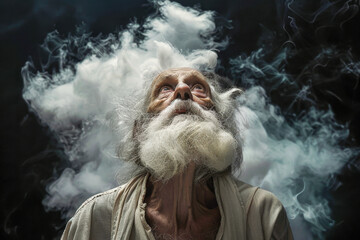 Elderly Man with Long White Beard Looking Up Surrounded by Cloud Like Smoke