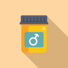 Flat design icon of a yellow pill bottle with a male gender symbol, casting a soft shadow