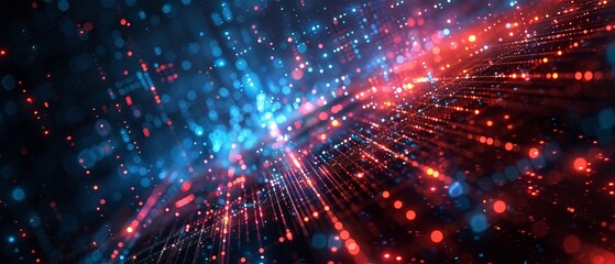 Obraz premium Abstract digital light burst effect with blue and red particles, perfect for technology backgrounds and futuristic designs.