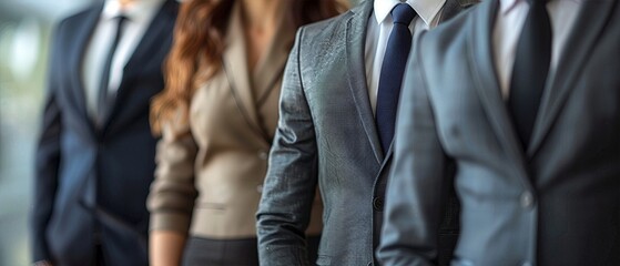 Business professionals standing in a row, wearing suits and formal attire, focusing on teamwork and corporate environment.