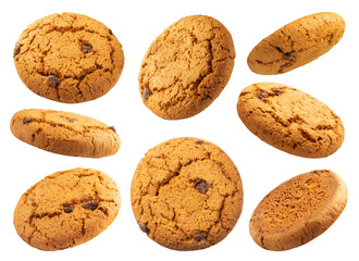 Collection of oatmeal cookies isolated on a transparent background, from different angles.