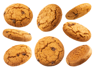 Collection of oatmeal cookies isolated on a transparent background, from different angles.