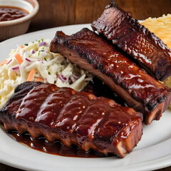 A rack of tender, glazed BBQ ribs with a side of coleslaw and cornbread