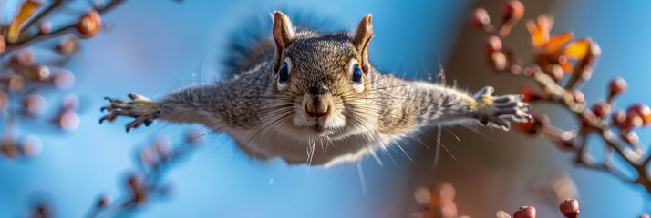 Flying Squirrel Mid Air Leap During Autumn with Blue Sky Background