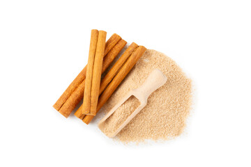 Cinnamon sugar isolated on white background. Homemade cinnamon sugar in a bowl on background. Brown sugar. Spice mixture for drinks and baking. Place for text. Copy space.