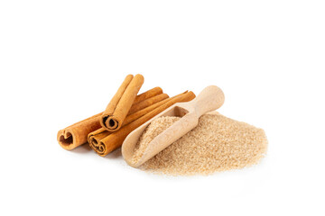 Cinnamon sugar isolated on white background. Homemade cinnamon sugar in a bowl on background. Brown sugar. Spice mixture for drinks and baking. Place for text. Copy space.