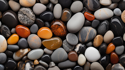 Multi-colored pebbles. Colored round pebbles lying tightly next to each other. Dark back