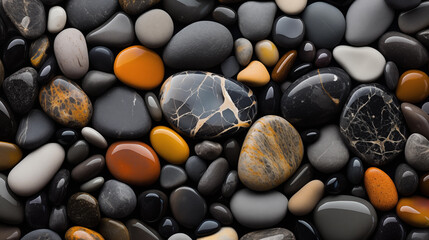 Multi-colored pebbles. Colored round pebbles lying tightly next to each other. Dark back