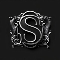Silver letter S with floral ornament on a black background. 3d rendering