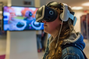 Woman wearing a virtual reality headset in front of a television