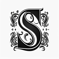 Vintage Capital letter S with floral ornament in black and white.