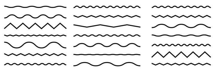 Wave line and wavy zigzag pattern lines. Vector black underlines, smooth end squiggly horizontal curvy squiggles on white background.