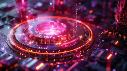 Quantum computer in action, glowing circuits, high-tech lab