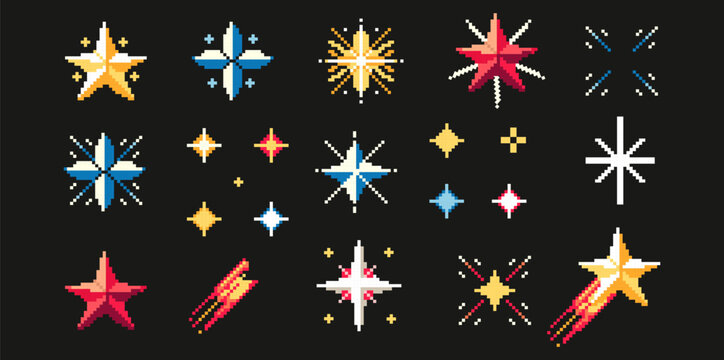A Diverse Collection of Pixel Art Stars on Dark Background. 8-bit stars. Pixelated icon set. Sparkling stars pixel art collection.