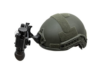 Night vision device attached to the helmet. A special device for observing in the dark. Equipment...