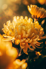 Golden Chrysanthemums Blooming Under Sunset Light