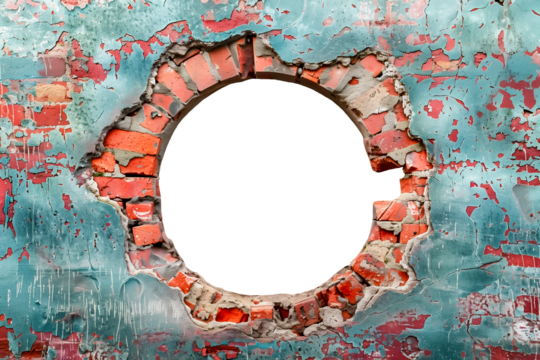 Hole on old red blue brick wall transparent background design element