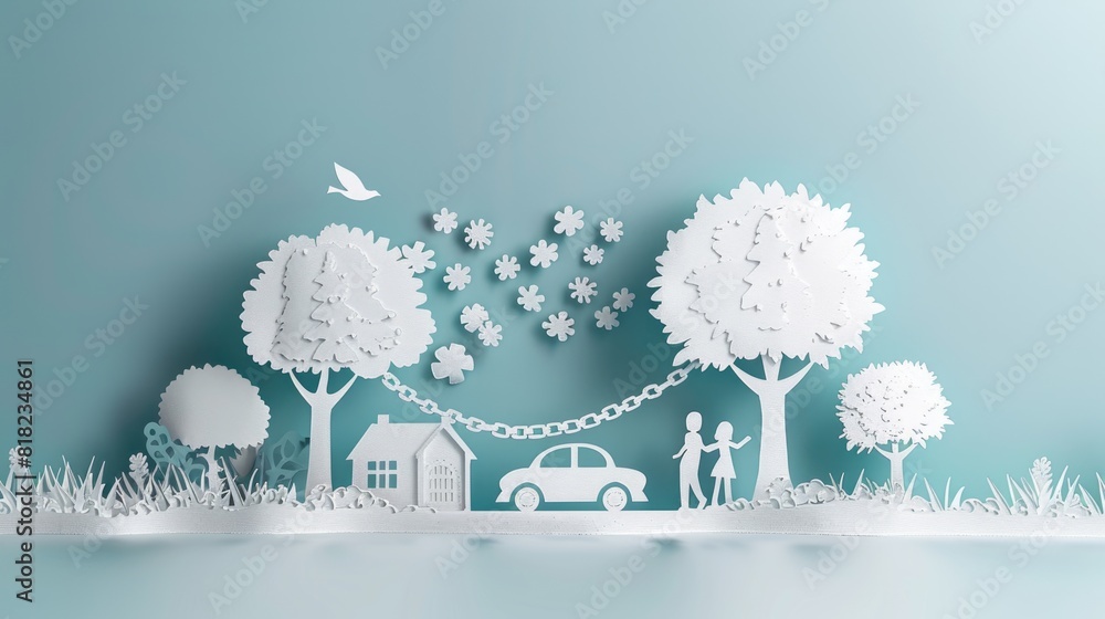 Poster papercut of a family walking through a garden with a chain around the trees shows the connection bet