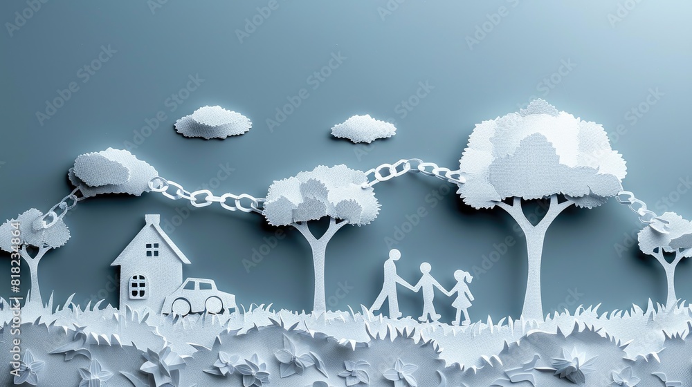 Poster papercut of a family walking through a garden with a chain around the trees shows the connection bet
