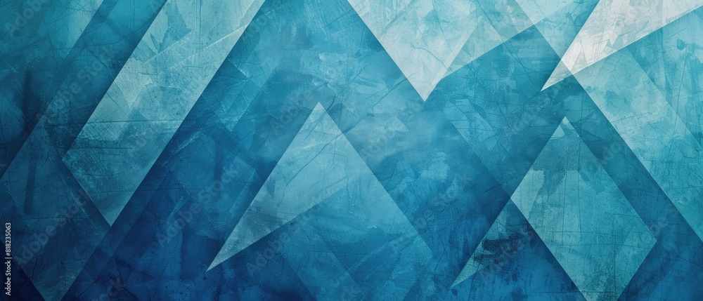 Poster abstract geometric design with layers of triangle shapes in blue green and white colors on blue back