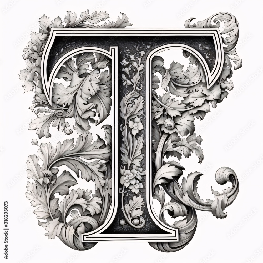 Wall mural Luxury capital letter T in Victorian style with floral ornament.