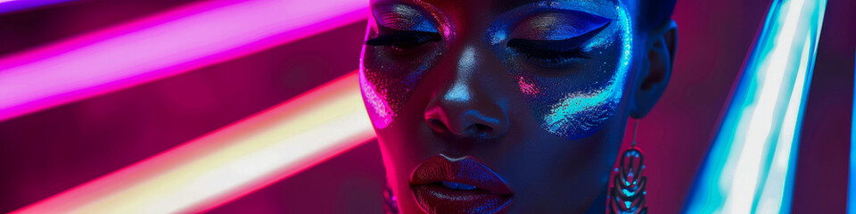 Futuristic Neon Portrait with Bold Makeup and Vibrant Lights in Colorful Background