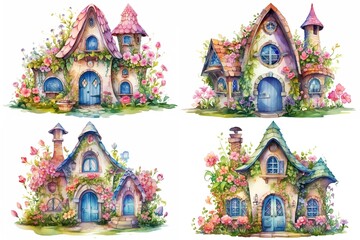 Fototapeta premium illustration watercolor fairy flower blossom house cartoon clipart collection set isolated on white background