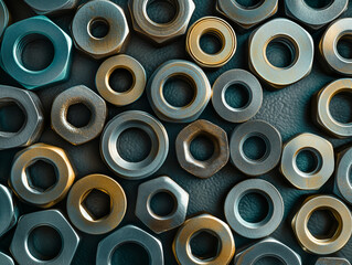 A close-up shot of assorted metallic nuts and washers laid out in a circular pattern on a textured surface