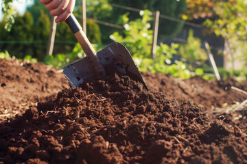 Gardening Shovel Digging Fertile Soil in Sunlit Vegetable Garden