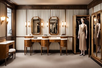  an Art Deco theater dressing room with vintage vanities, mirrors, and costume racks design. 
