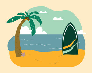 illustration of palm tree and surf board on the beach, summer design elements, summer beach background