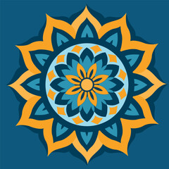 A beautiful symmetrical flower in turquoise and yellow tones creates a harmonious and sunny pattern that attracts attention with its brightness and decorativeness.