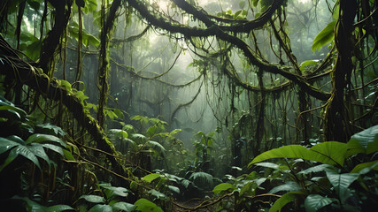 A Rainforest Showcasing Intricate Vines and Leaves