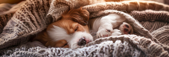 Adorable Puppy Sleeping on Cozy Blanket in Soft Morning Light