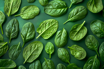 Fresh Spinach Leaves on Green Background  Healthy, Organic, Vibrant, Leafy Green Vegetables