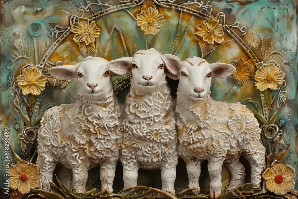 Wall mural Easter art with 3 lambs. Sheep. Happy easter