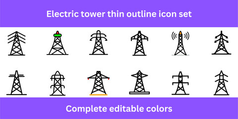 Electric tower thin outline icon set