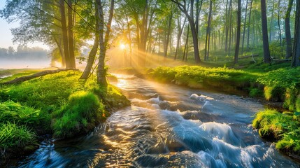 A forest with a stream or river running through it. Sunset and the sun shines through the trees with a warm yellowish light. The trees are lush and green. A natural backdrop. Illustration for design.