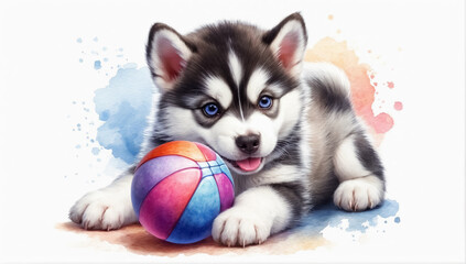 Fototapeta premium Image of a cute husky puppy playing with a colorful ball. The background of the painting is decorated with colorful watercolor spots.