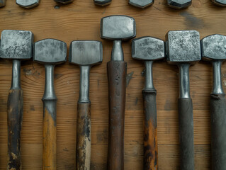 A close-up photo of hammer heads and chisels arranged in a grid pattern on a wooden surface