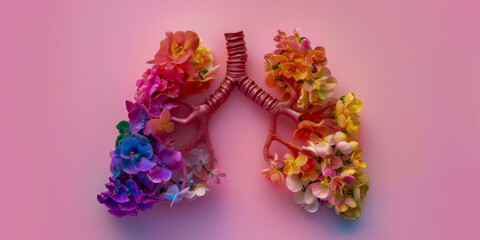 Colorful Lungs with Blooming Flowers on Gradient Background Symbolizing Health and Vitality