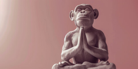 Meditative Monkey Figurine in Yoga Pose Against Minimalist Pink Background
