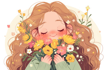 LaPerm, cute cartoon character with bouquet, single object, Di-Cut png style, isolated on white background